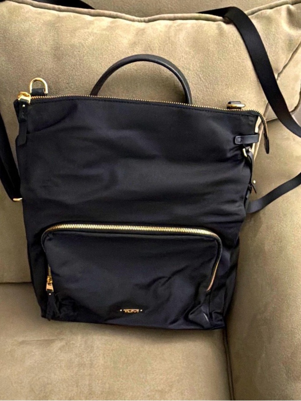 Black Women's Convertible Tote-Backpack with Gold Hardware